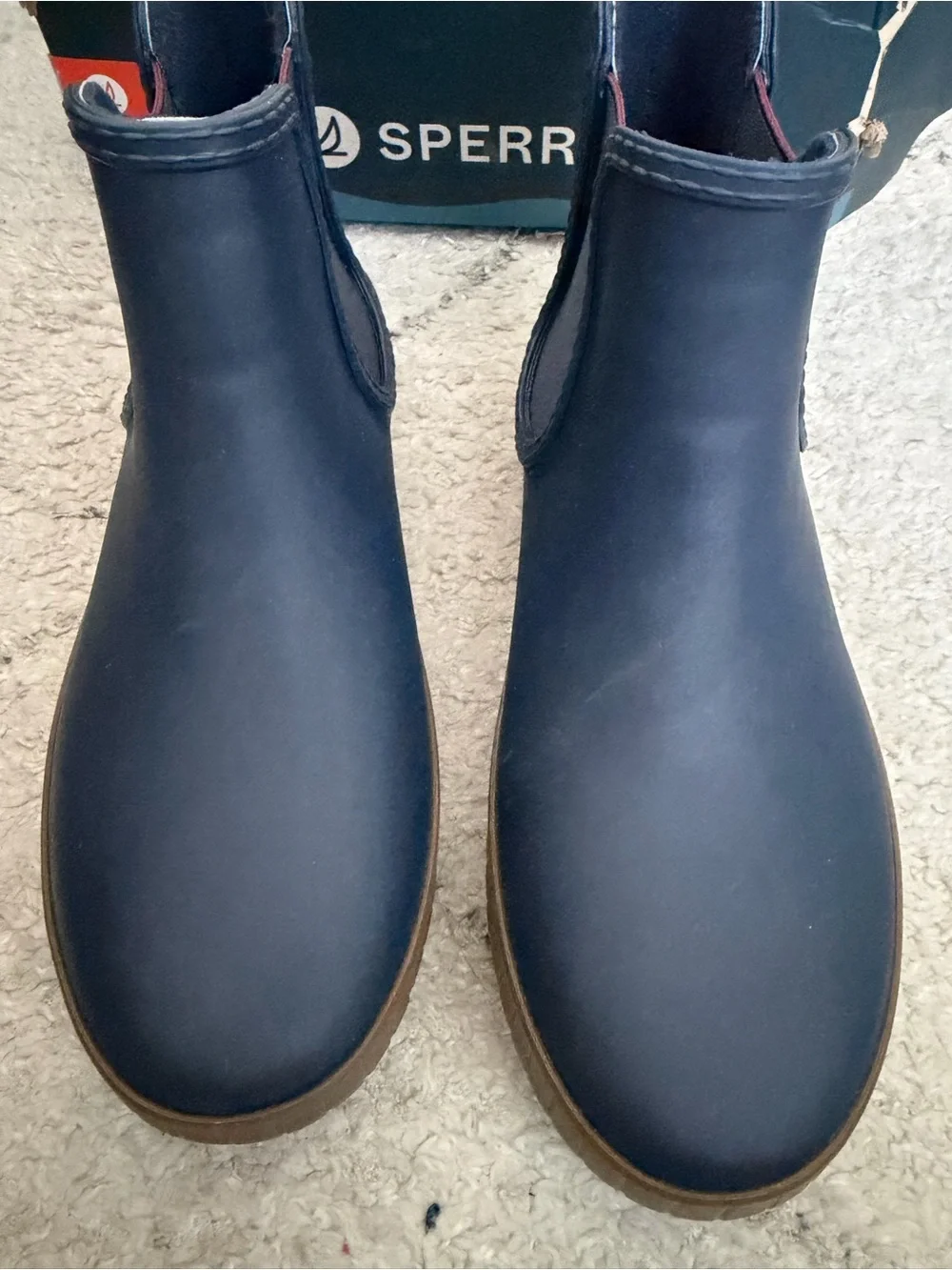 Navy Chelsea Rain Boots with Brown Sole